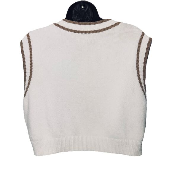Hollister XL Ivory Brown Crop Boxy Sweater Vest Cable Knit V Neck Preppy School - Picture 2 of 5
